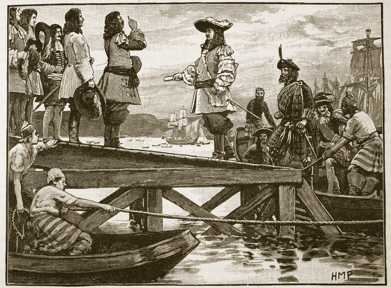 Desembarco del Mariscal Schomberg en Carrickfergus, ilustración de Cassells Illustrated History of England de English School