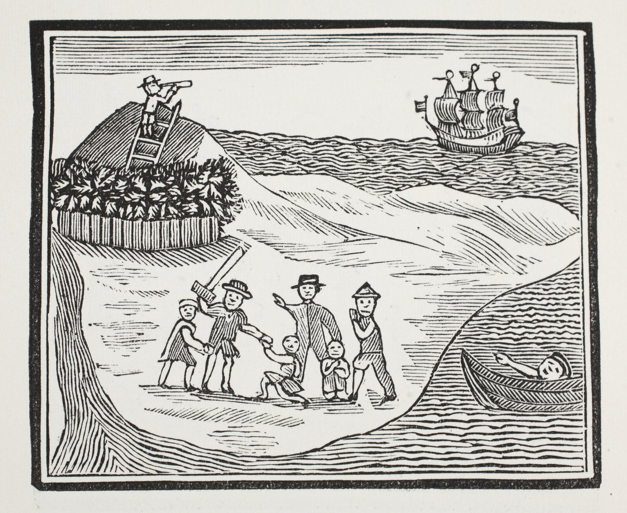 Desembarco de la tripulación amotinada en la isla, ilustración de Chap-books del siglo XVIII de John Ashton, pub. 1882 de English School