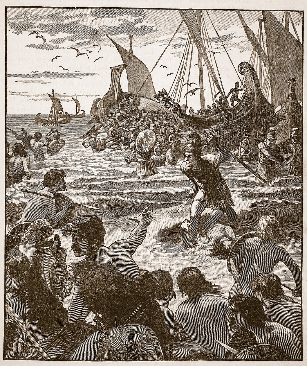 Desembarco de los romanos en la costa de Kent, ilustración de Cassells Illustrated History of England de English School