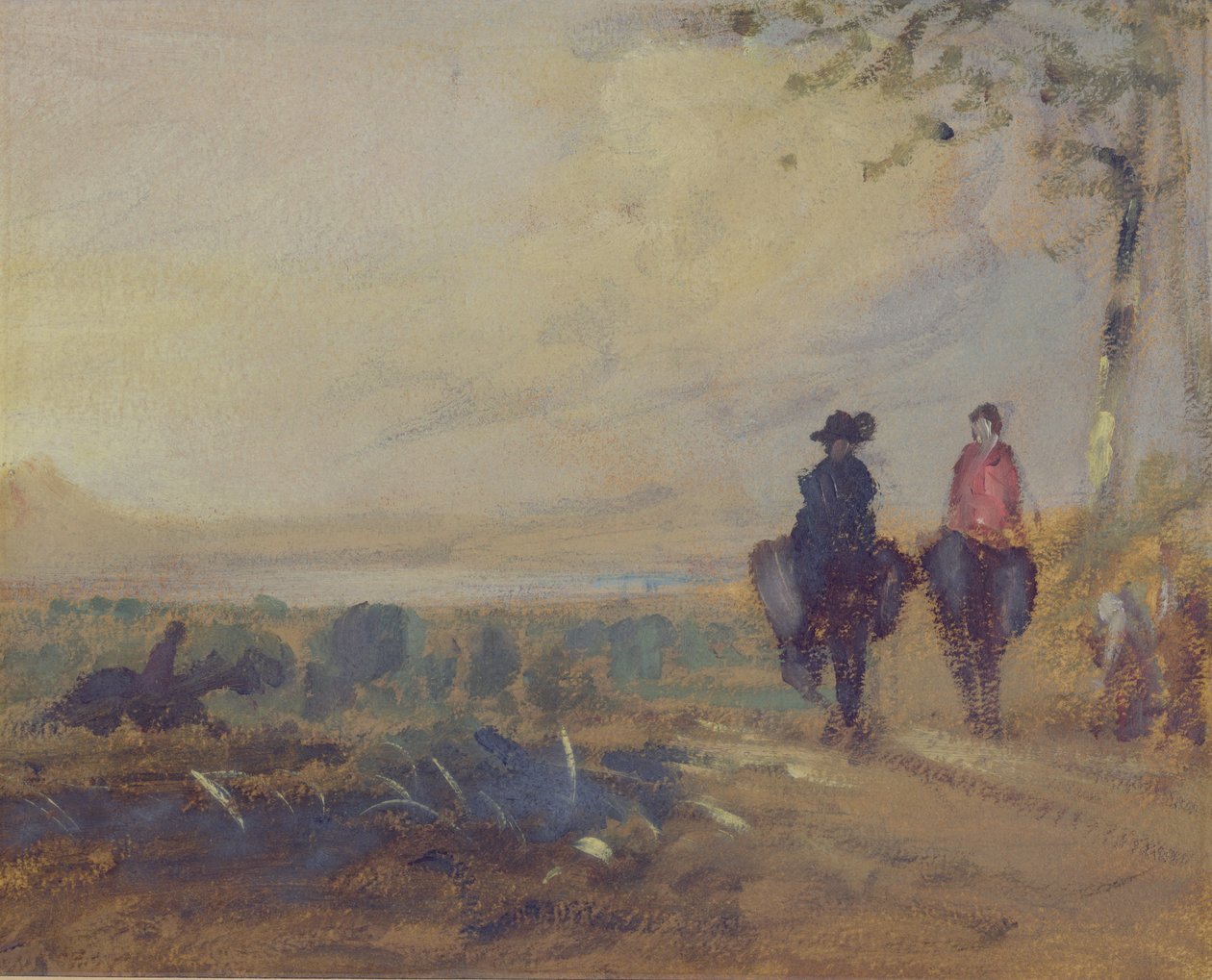 Paisaje con lago y dos figuras montando, anteriormente atribuido a J.M.W. Turner (1775-1851) y también atribuido a Peter de Wint (1784-1849), 1815-25 de English School