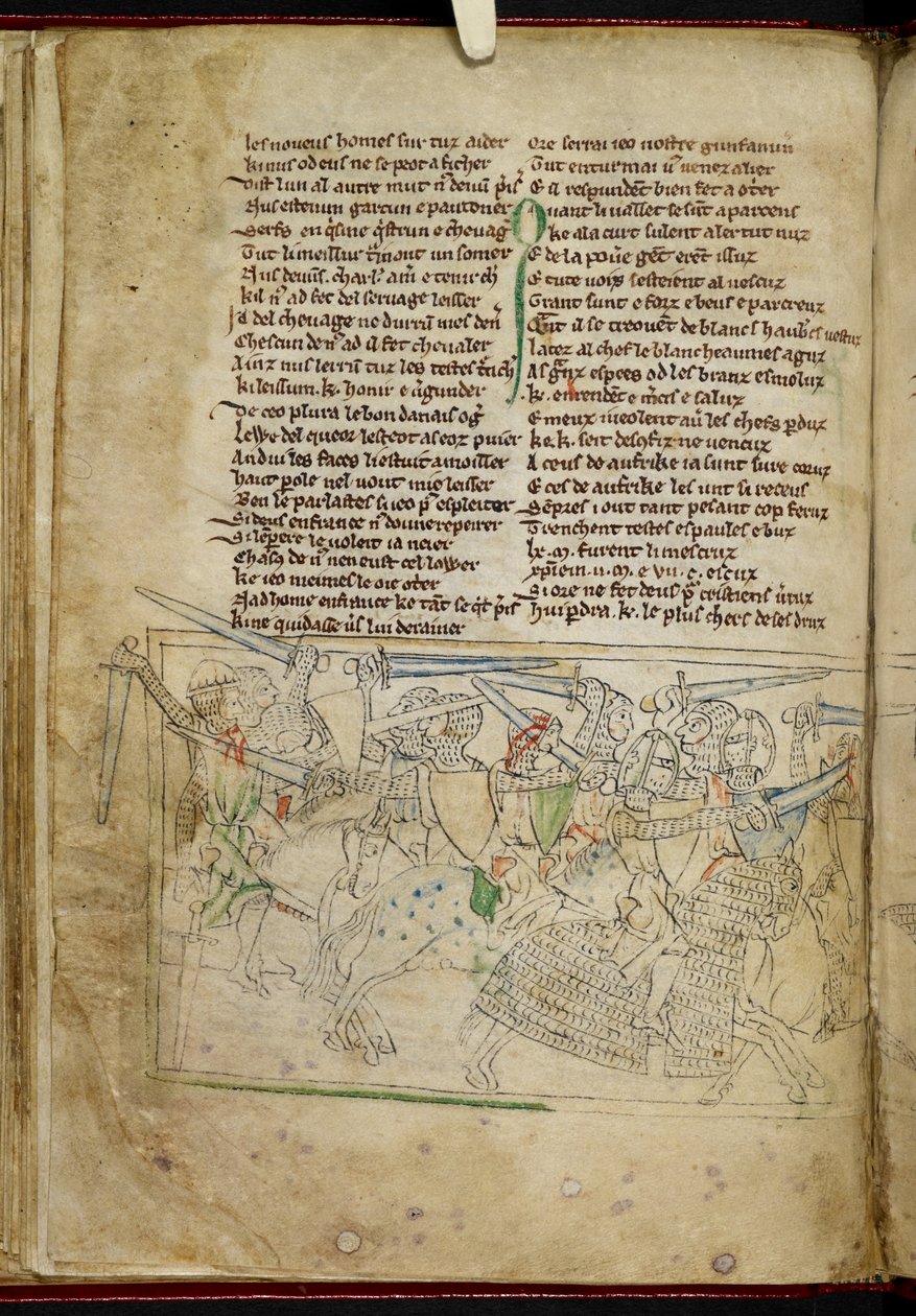 Lansdowne 782 f.26v Una batalla entre caballeros montados, de 