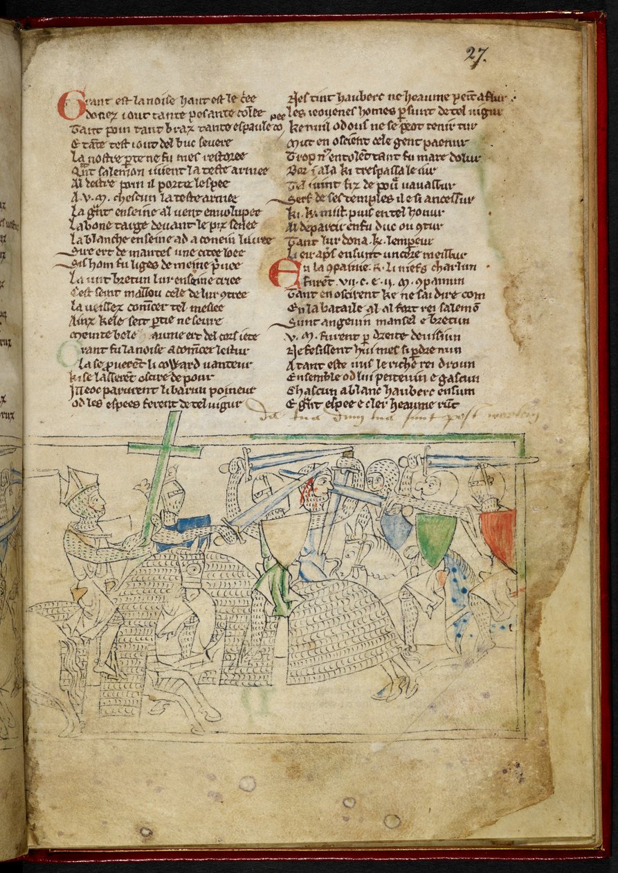 Lansdowne 782 f.27r Una batalla entre caballeros montados, de 