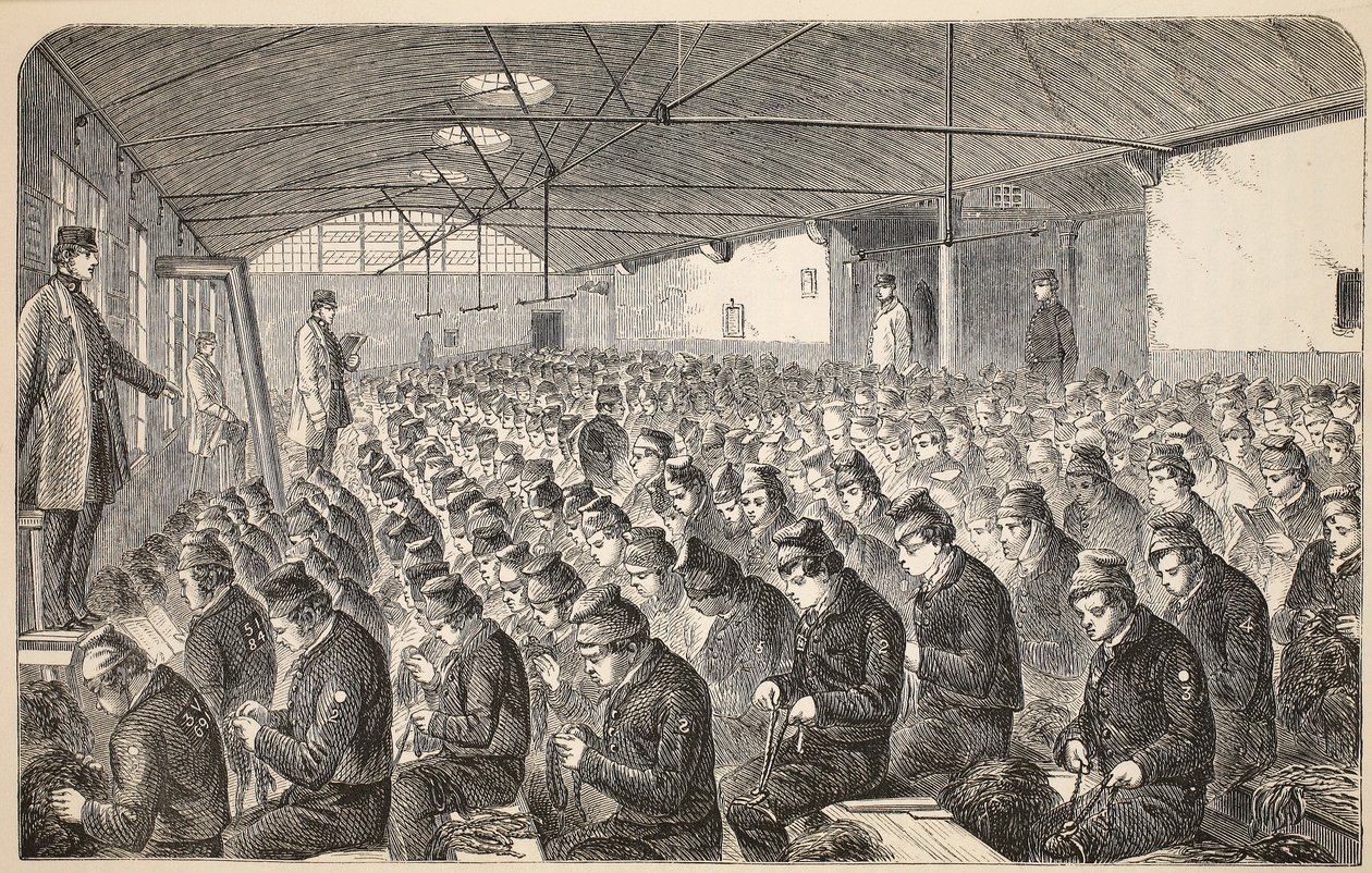 Gran sala de estopa (bajo el sistema silencioso) en la Casa de Corrección de Middlesex, Coldbath Fields, ilustración de Las prisiones criminales de Londres y escenas de la vida en prisión de Henry Mayhew y John Binny de English School