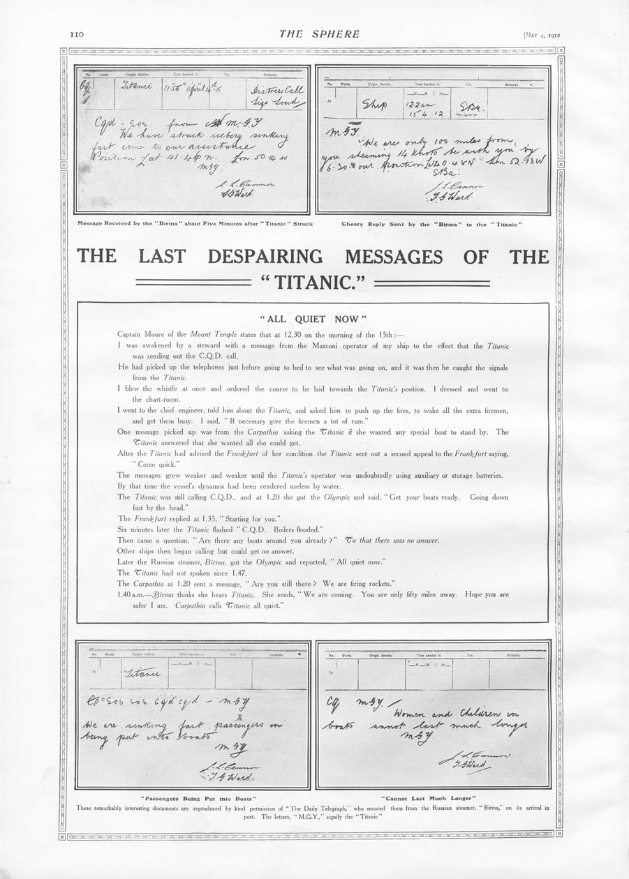 Últimos mensajes del Titanic, de The Sphere, 04 de mayo de 1912 de English School