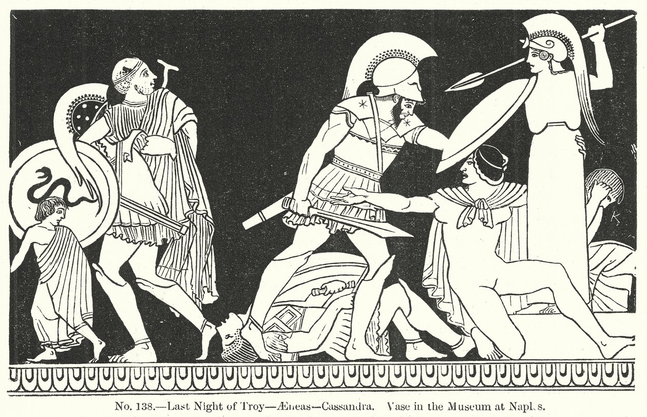Última noche de Troya - Eneas - Casandra. Jarrón del Museo de Nápoles (grabado) de English School