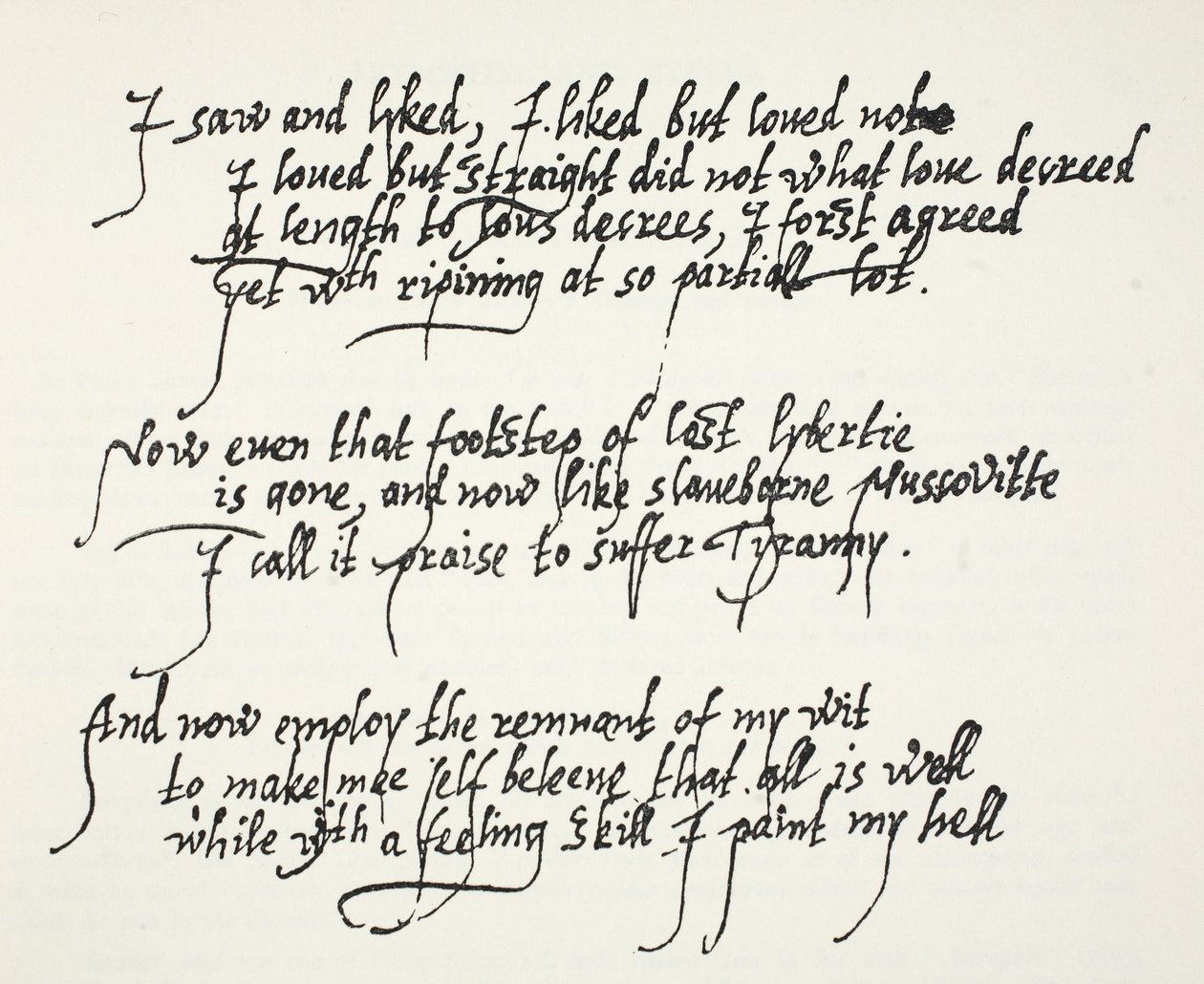 Últimos diez versos del soneto Astrophel de Sir Philip Sidney describiendo cómo gradualmente, y demasiado tarde, se dio cuenta de sus propios sentimientos hacia Stella de English School