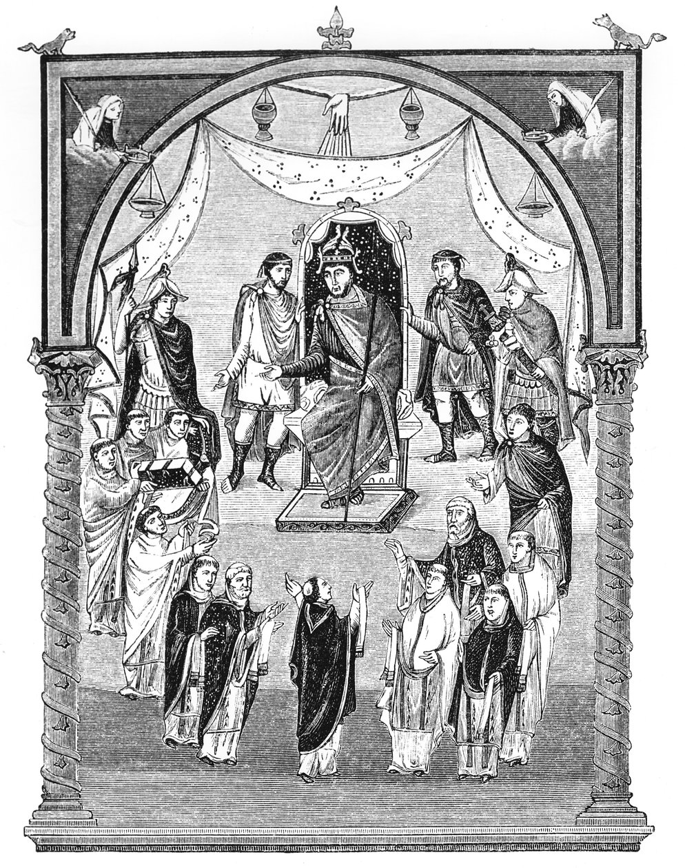 Carlos el Calvo, Rey de Francia (823-77) entronizado, encargado por el Abad Vivian del monasterio de San Martín en Tours, de la Primera Biblia de Carlos el Calvo, 843-51, ilustración de English School