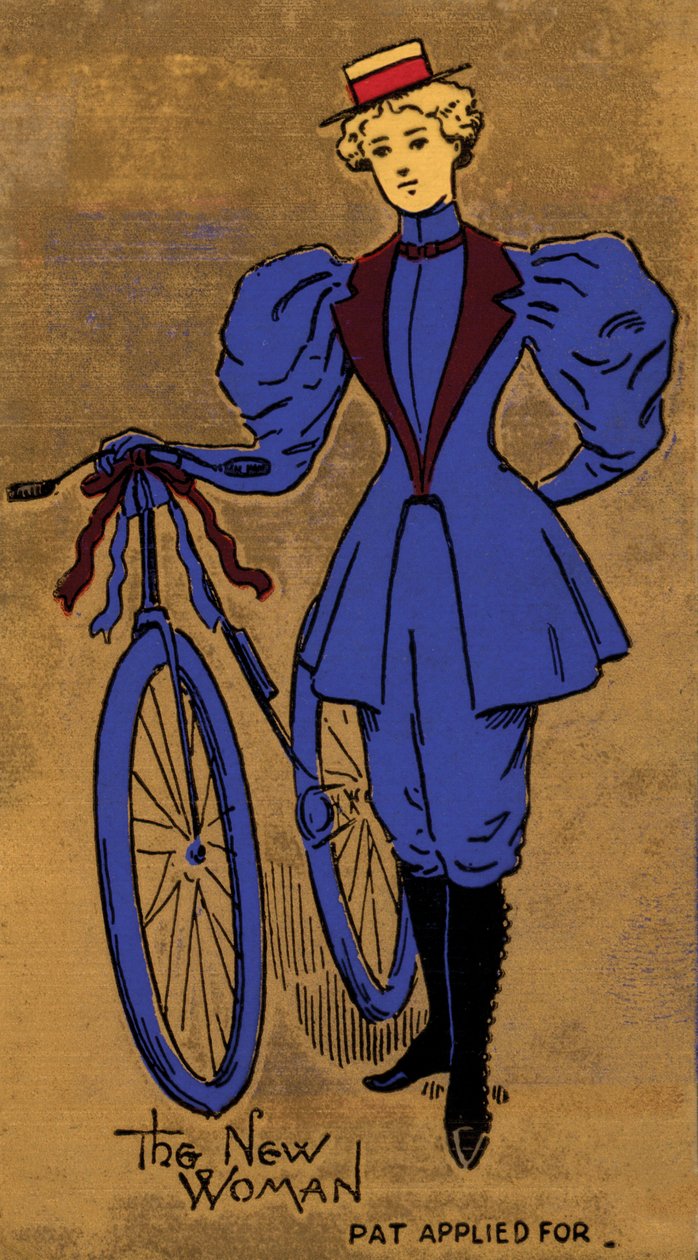 Mujer de finales del siglo XIX o principios del XX y su bicicleta, símbolo del comienzo de la liberación femenina (litografía en color). de English School