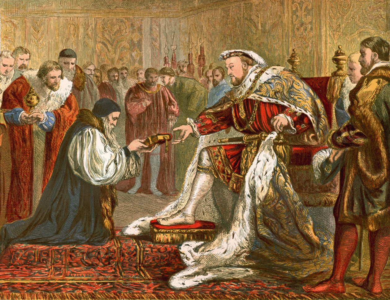 Latimer presentando la Biblia a Enrique VIII (grabado coloreado) de English School