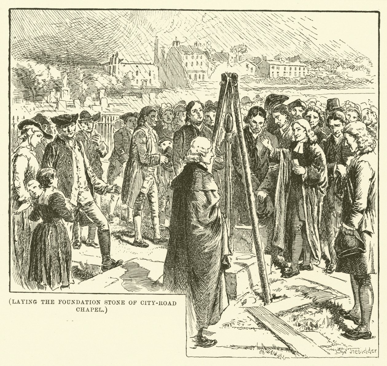 Colocación de la primera piedra de la capilla de City-Road (grabado) de English School