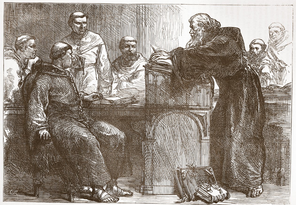 Lefevre dando una conferencia en la Sorbona, ilustración de La Historia del Protestantismo de James Aitken Wylie, pub. 1878 de English School