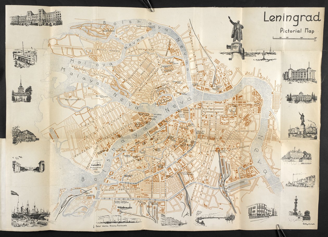 Leningrado, mapa pictórico desplegable de la "Guía de bolsillo de la Unión Soviética". de English School