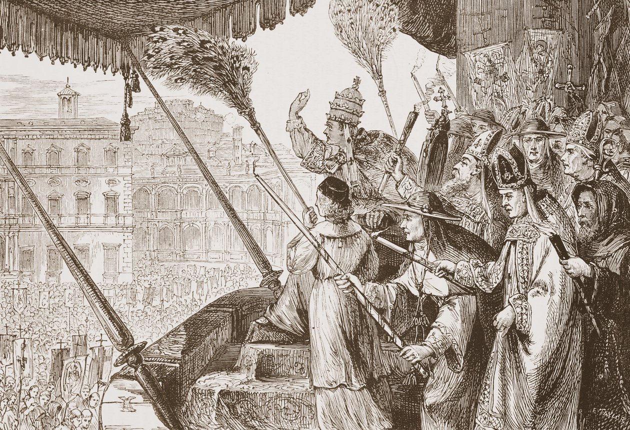 León X pronunciando la Bula de los Señores de Acero, ilustración de La Historia del Protestantismo de James Aitken Wylie, pub. 1878 de English School