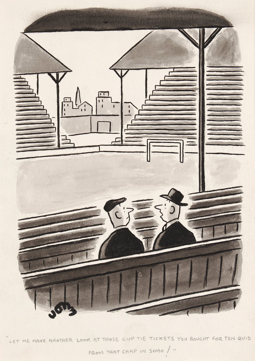 Déjame ver otra vez esos boletos de la Copa que compraste por diez libras de ese tipo en Soho, caricatura de John de English School