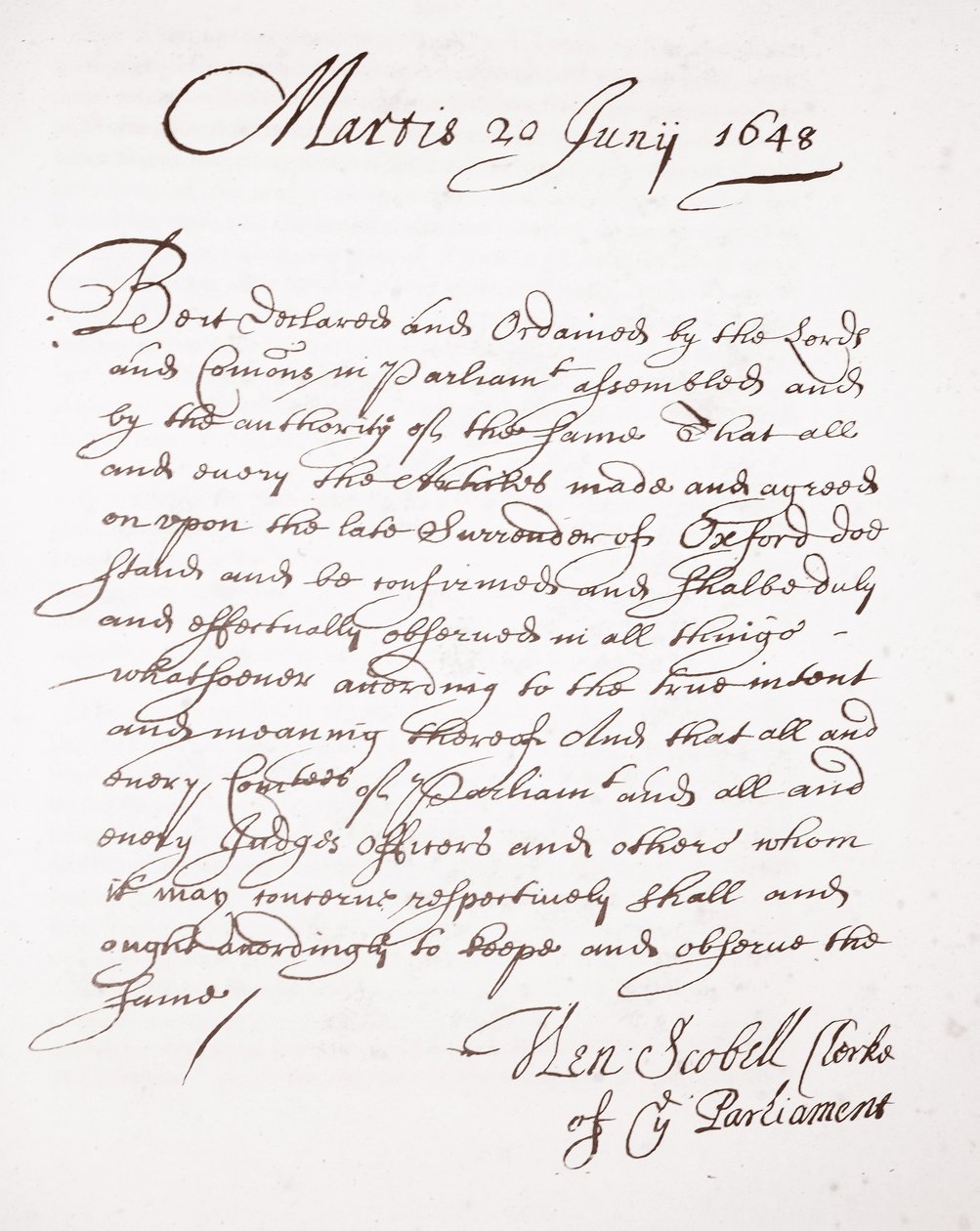 Carta de Henry Scobell, 20 de junio de 1648 de English School