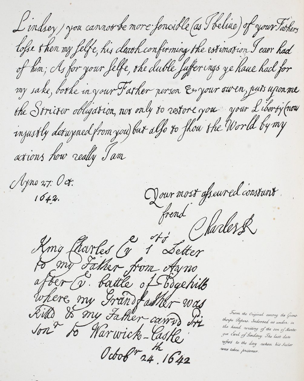 Carta de Carlos II a Montague, Conde de Lindsey, 27 de octubre de 1642 de English School