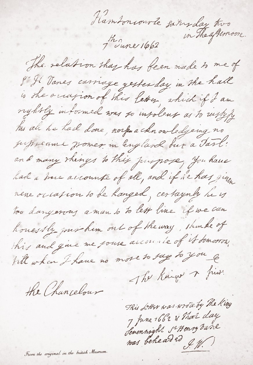 Carta de Carlos II al Canciller Lord Clarendon, 7 de junio de 1662 de English School