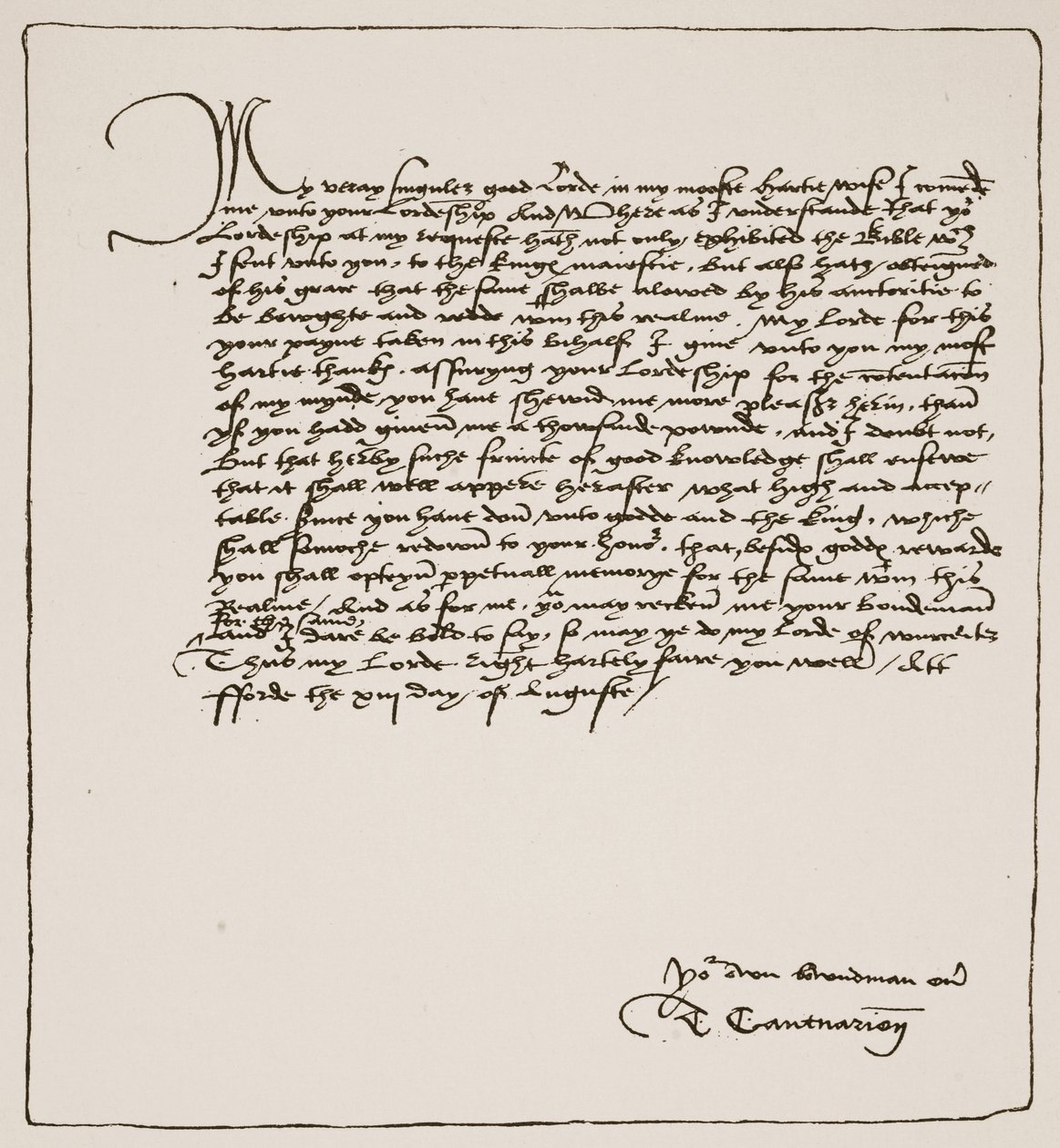 Carta de Cranmer a Cromwell agradeciéndole por obtener la autoridad del Rey para la Biblia inglesa de Matthew, 1537, de The Church of England: A History for the People por H.D.M. Spence-Jones de English School