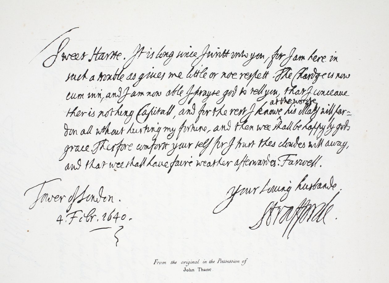 Carta de Lord Strafford a su esposa, desde la Torre de Londres, 4 de febrero de 1640 de English School