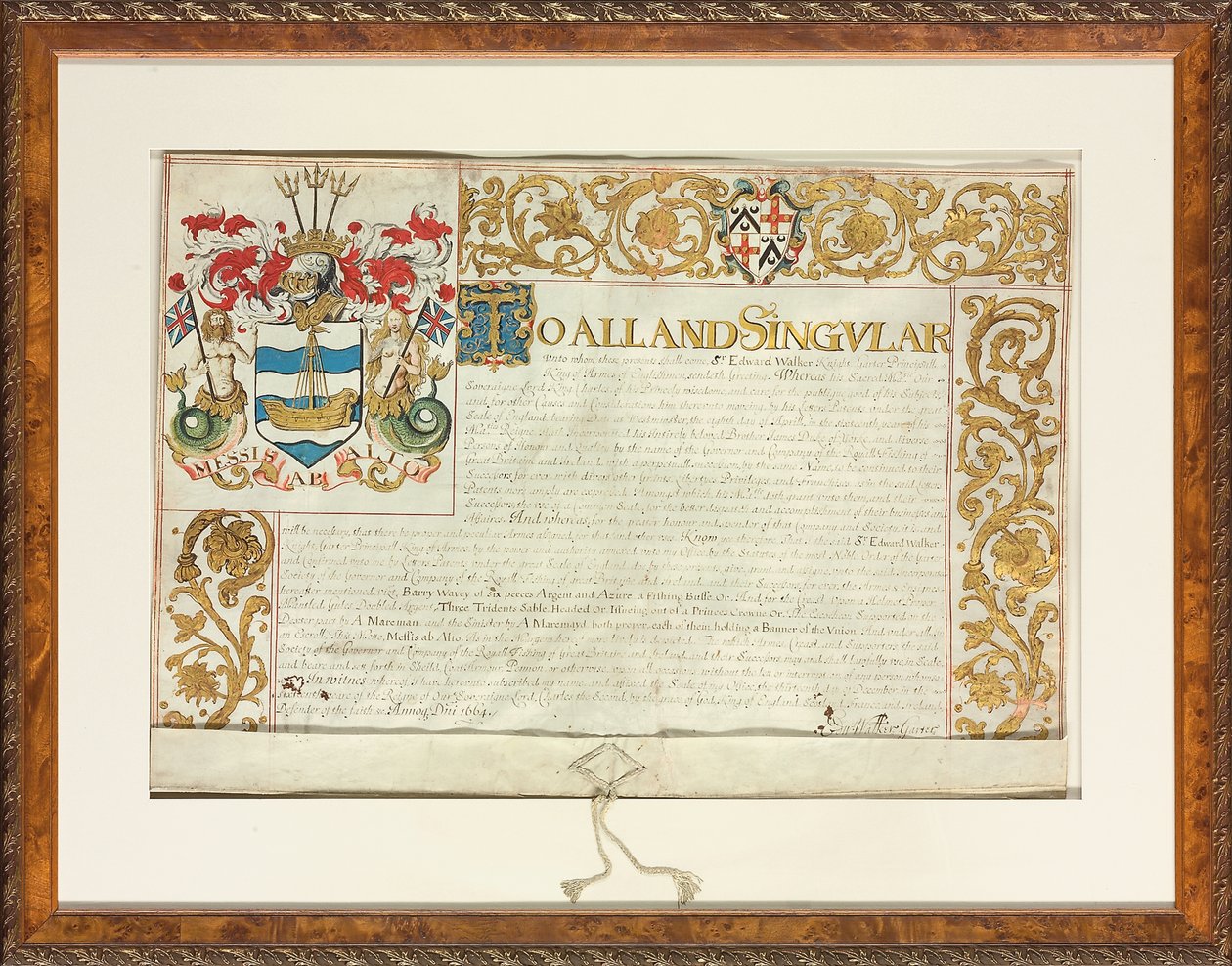 Cartas patentes emitidas por Sir Edward Walker, Rey de Armas de Garter, 13 de diciembre de 1664 de English School