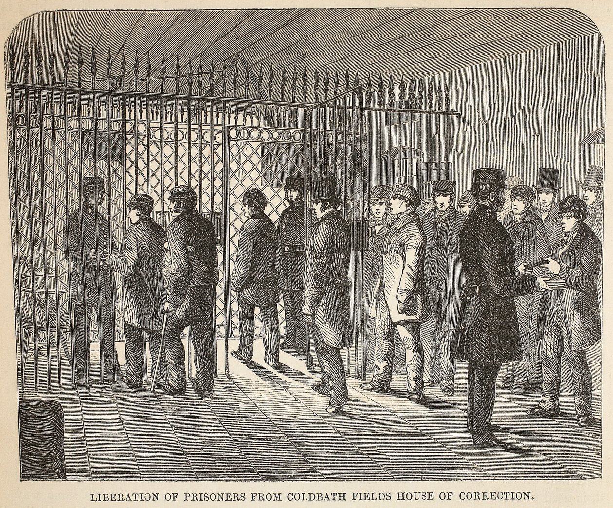 Liberación de prisioneros de la Casa de Corrección de Coldbath Fields, ilustración de Las prisiones criminales de Londres y escenas de la vida en prisión de Henry Mayhew y John Binny, pub. 1862 de English School