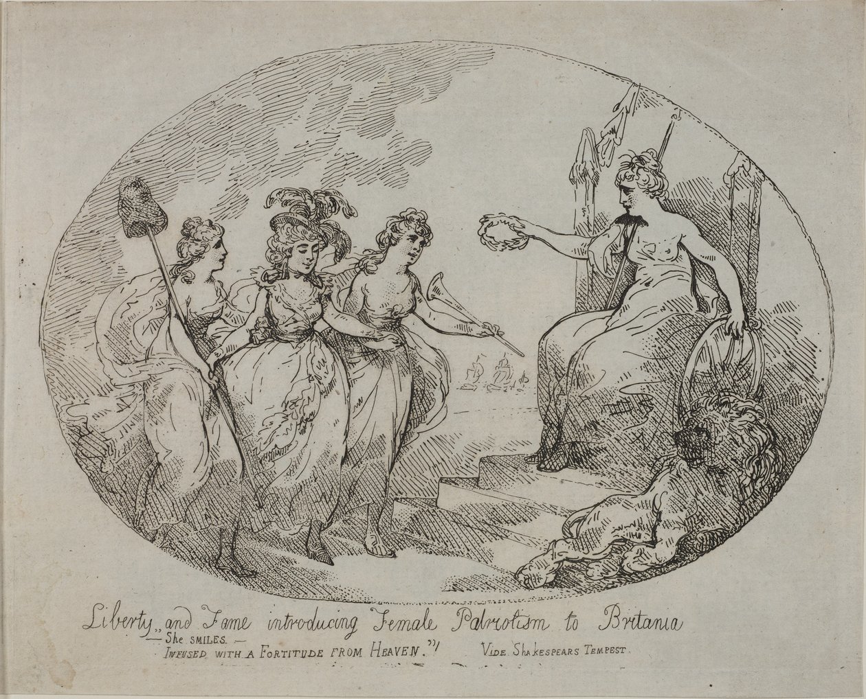 La libertad y la fama presentan el patriotismo femenino; Britannia y la duquesa de Devonshire (grabado) de English School