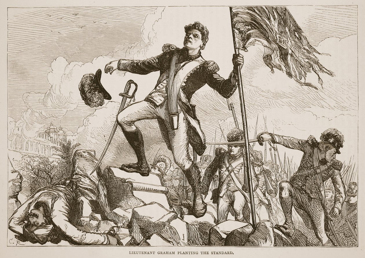 El Teniente Graham plantando el estandarte, ilustración de Cassells Illustrated History of India de James Grant, pub. 1879 de English School
