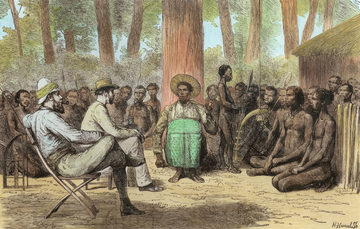 Recepción del Teniente Verney Lovett Cameron (1844-94) por Katende, grabado por Horace Harral de English School