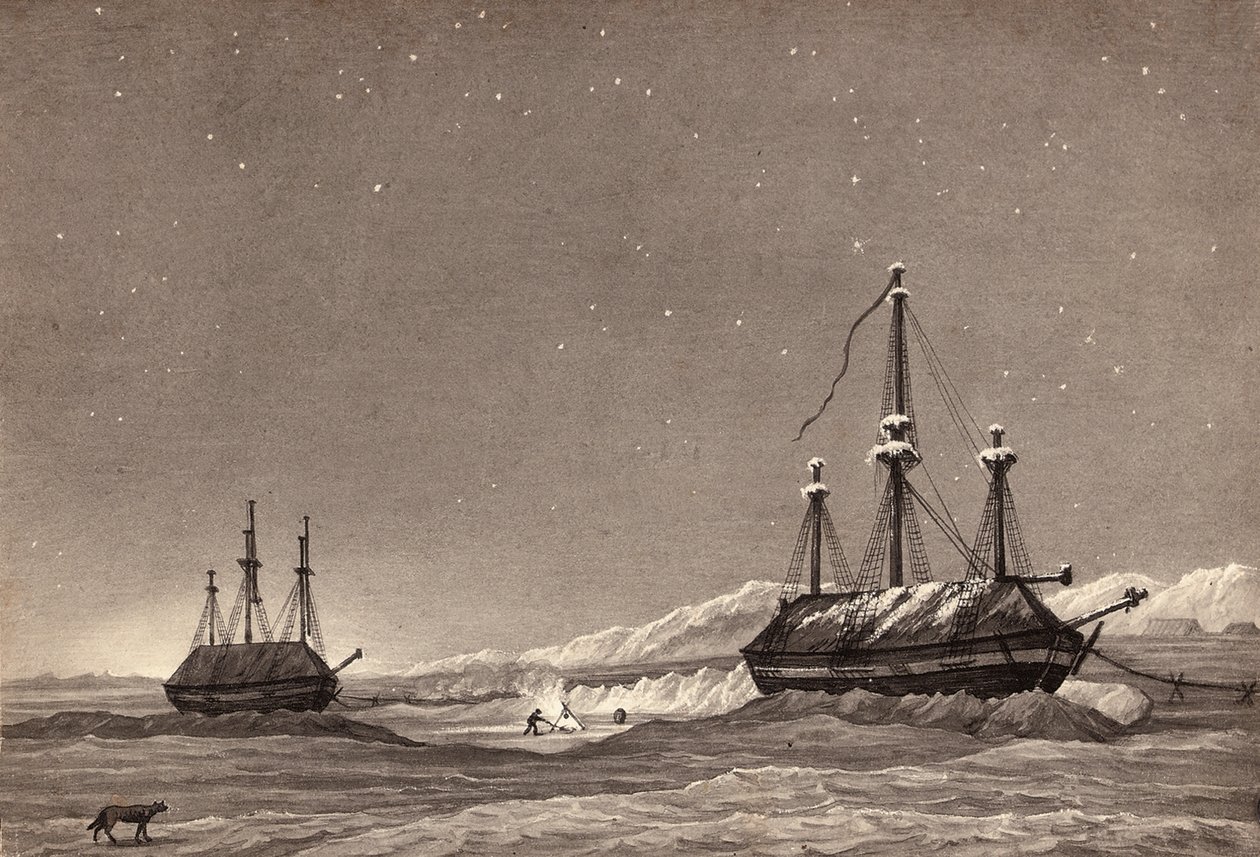 Primer viaje del teniente William Parry: H.M.S. Hecla y H.M.S. Griper en Winter Harbour, c.1819 de English School