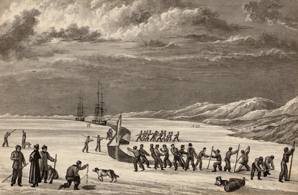 Primer viaje del Teniente William Parry: Las tripulaciones del H.M.S. Hecla y H.M.S. Griper cortando en Winter Harbour, c.1819 de English School