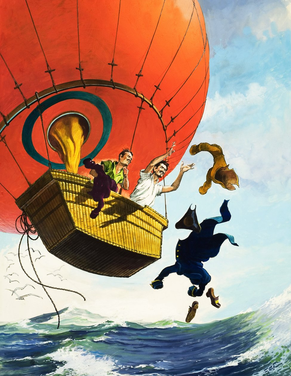Aligerar la carga arrojando ropa desde un globo aerostático (gouache sobre papel) de English School