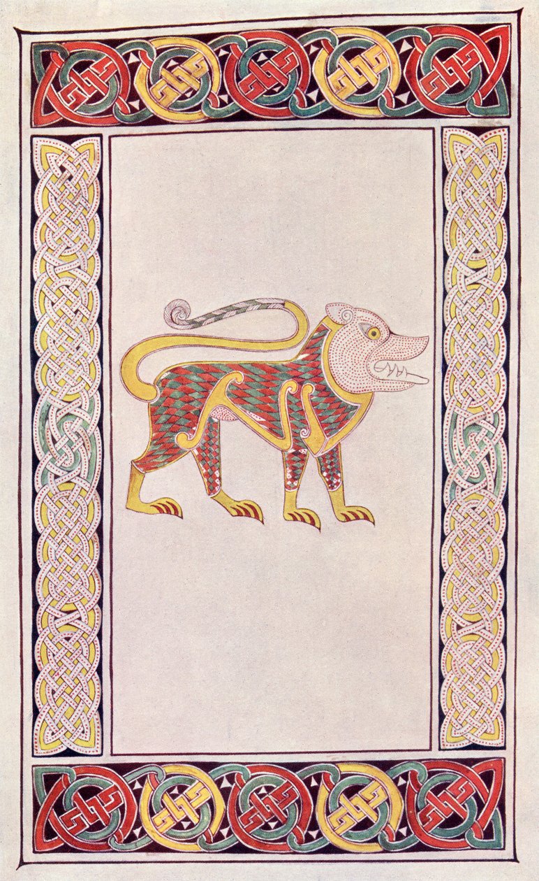 León de San Marcos, facsímil de una iluminación del Libro de Durrow, del libro La Iglesia de Inglaterra: Una Historia para el Pueblo, publicado c.1910 de English School