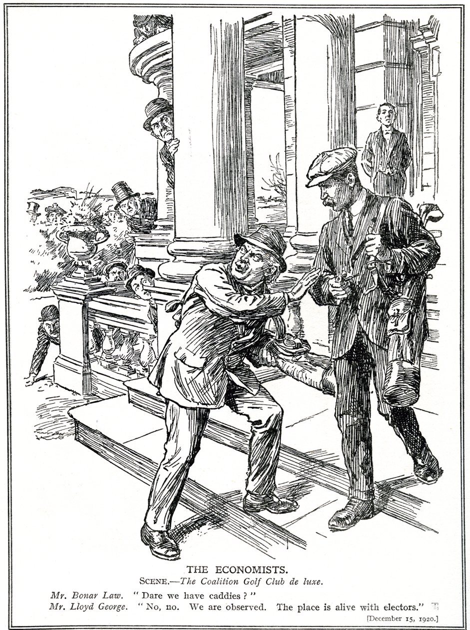 Lloyd George y Bonar Law en el Club de Golf de la Coalición, temerosos de la Liga Anti-Desperdicio, tienen que prescindir del lujo de los caddies. Diciembre de 1920 de English School