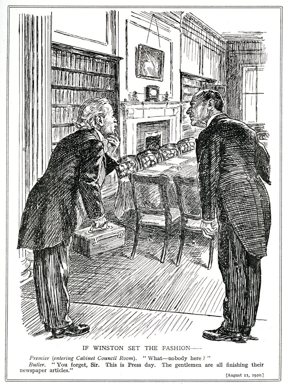 Lloyd George entra en una Sala de Gabinete vacía de ministros que están ocupados escribiendo artículos para los periódicos, agosto de 1920 de English School
