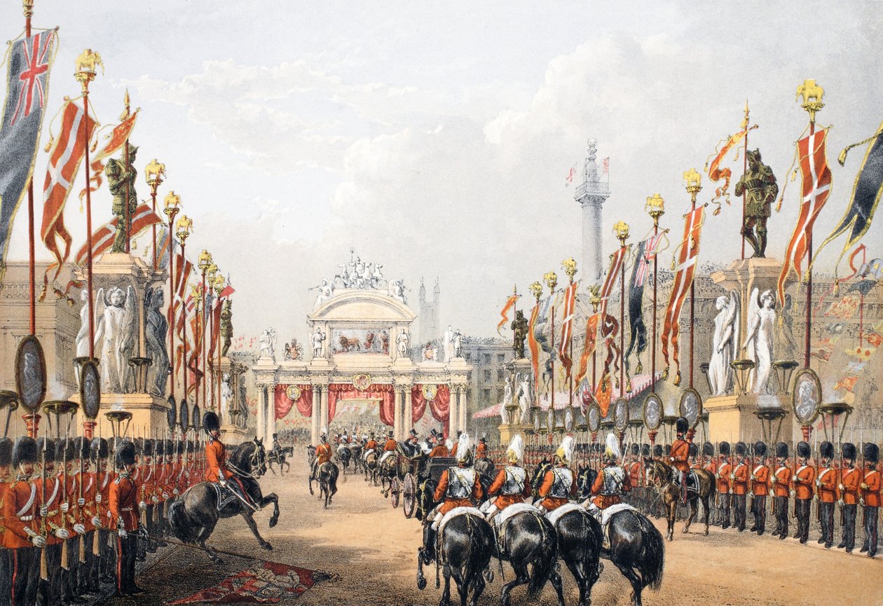 Puente de Londres, custodiado por la Honorable Compañía de Artillería de Londres, de A Memorial of the Marriage of Edward VII and Alexandra of Denmark, pub. 1864 de English School