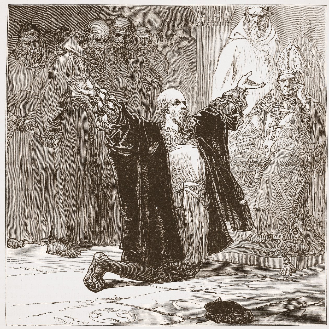 Lord Cobham ante los obispos, ilustración de La Historia del Protestantismo de James Aitken Wylie, pub. 1878 de English School