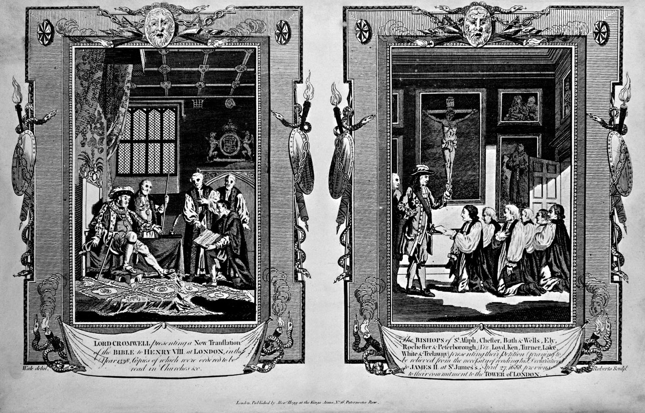 Lord Cromwell presenta la biblia a Enrique VIII y los obispos presentan una petición a Jacobo II en 1688, de 