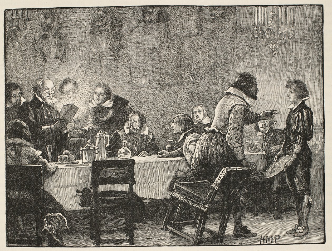 Lord Monteagle y la carta de advertencia sobre la Conspiración de la Pólvora, ilustración de la Historia Ilustrada de Inglaterra de Cassell de English School