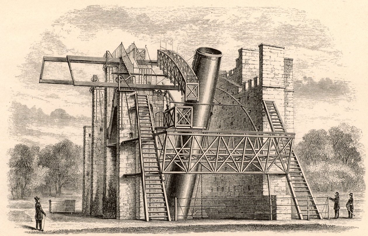 El gran telescopio reflector de Lord Rosse, de A Handbook of Descriptive Astronomy por George F. Chambers, publicado en Oxford, 1890 de English School