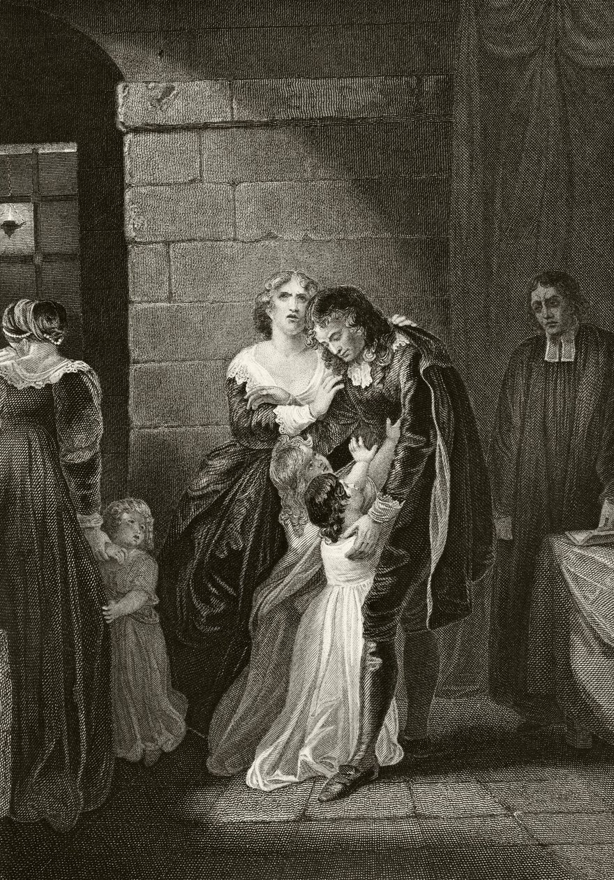 Lord William Russell despidiéndose de su familia antes de su ejecución el 21 de julio de 1683, de "The National and Domestic History of England" de William Hickman Smith Aubrey (1858-1916) publicado en Londres, hacia 1890 (litografía). de English School