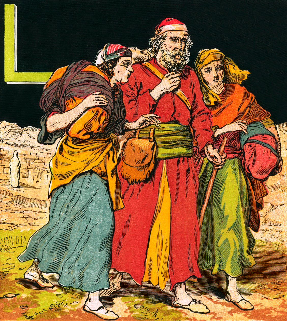 Lot con su mujer y sus hijas (litografía en color) de English School