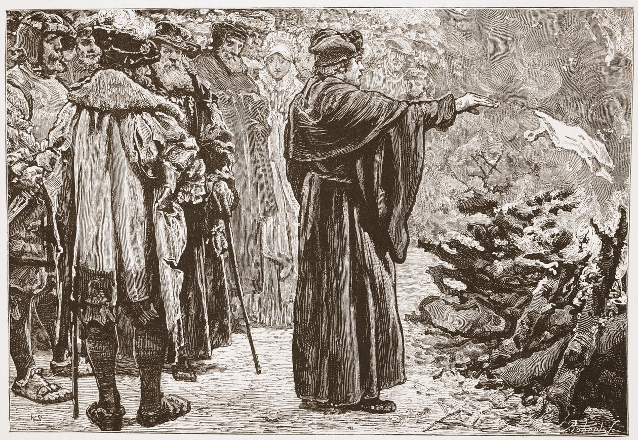 Lutero quemando la Bula del Papa, ilustración de La Historia del Protestantismo de James Aitken Wylie, pub. 1878 de English School
