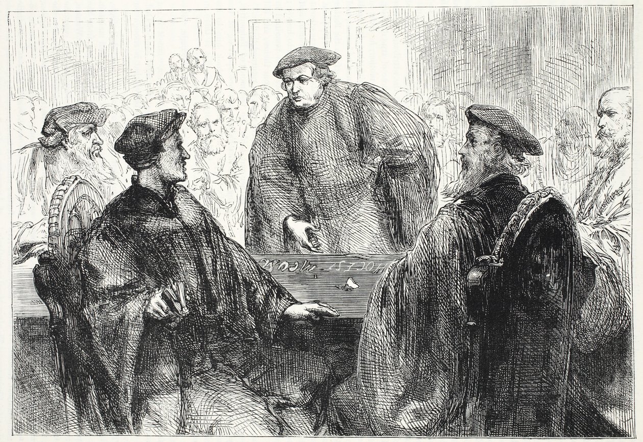 Lutero y Zwingle discutiendo en Marburgo, ilustración de La Historia del Protestantismo de James Aitken Wylie, pub. 1878 de English School