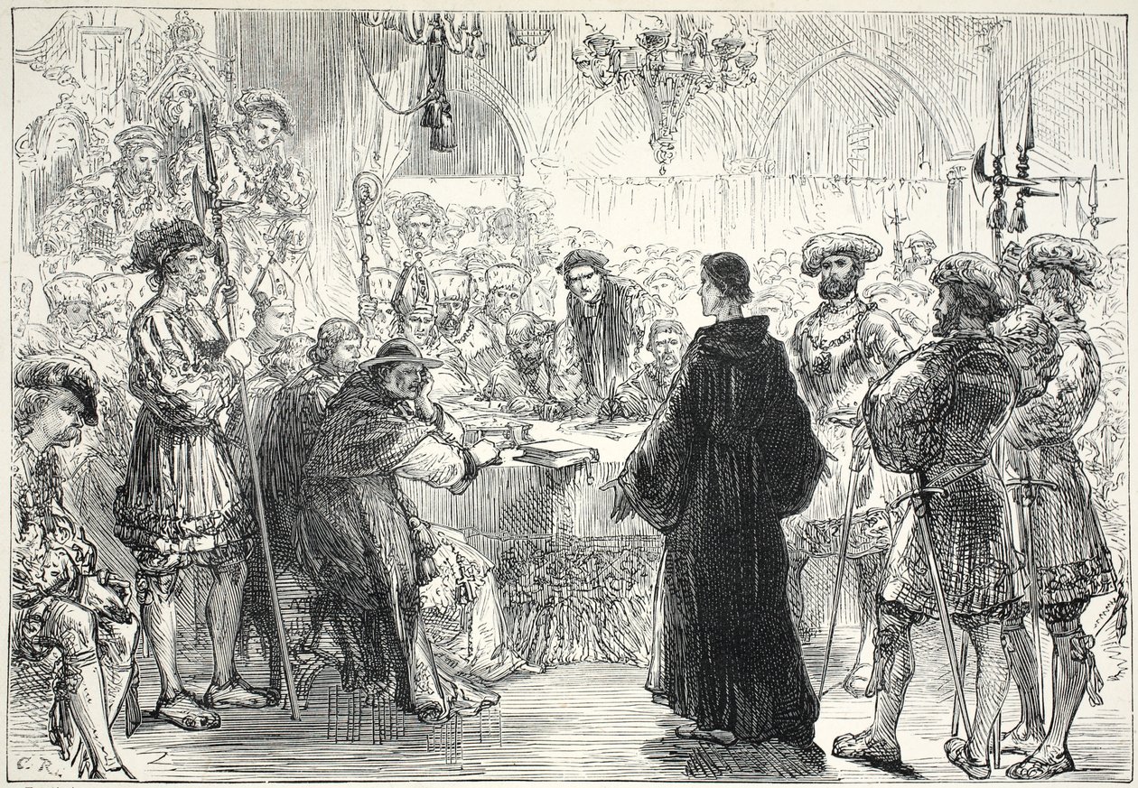 Lutero ante la Dieta de Worms, ilustración de La Historia del Protestantismo por James Aitken Wylie (1808-1890), pub. 1878 de English School