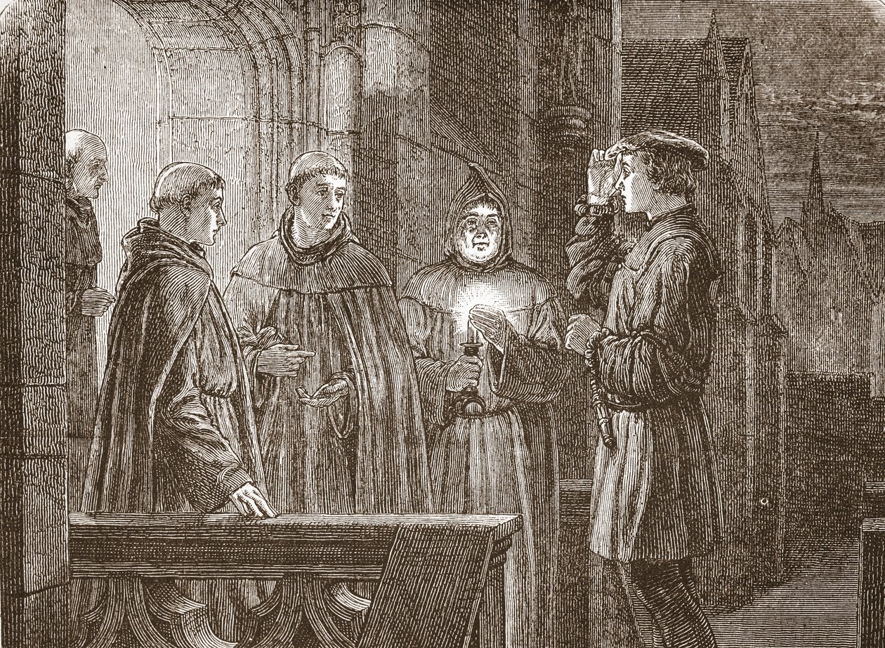 Lutero entrando en el convento agustino, ilustración de La Historia del Protestantismo por James Aitken Wylie (1808-1890), pub. 1878 de English School