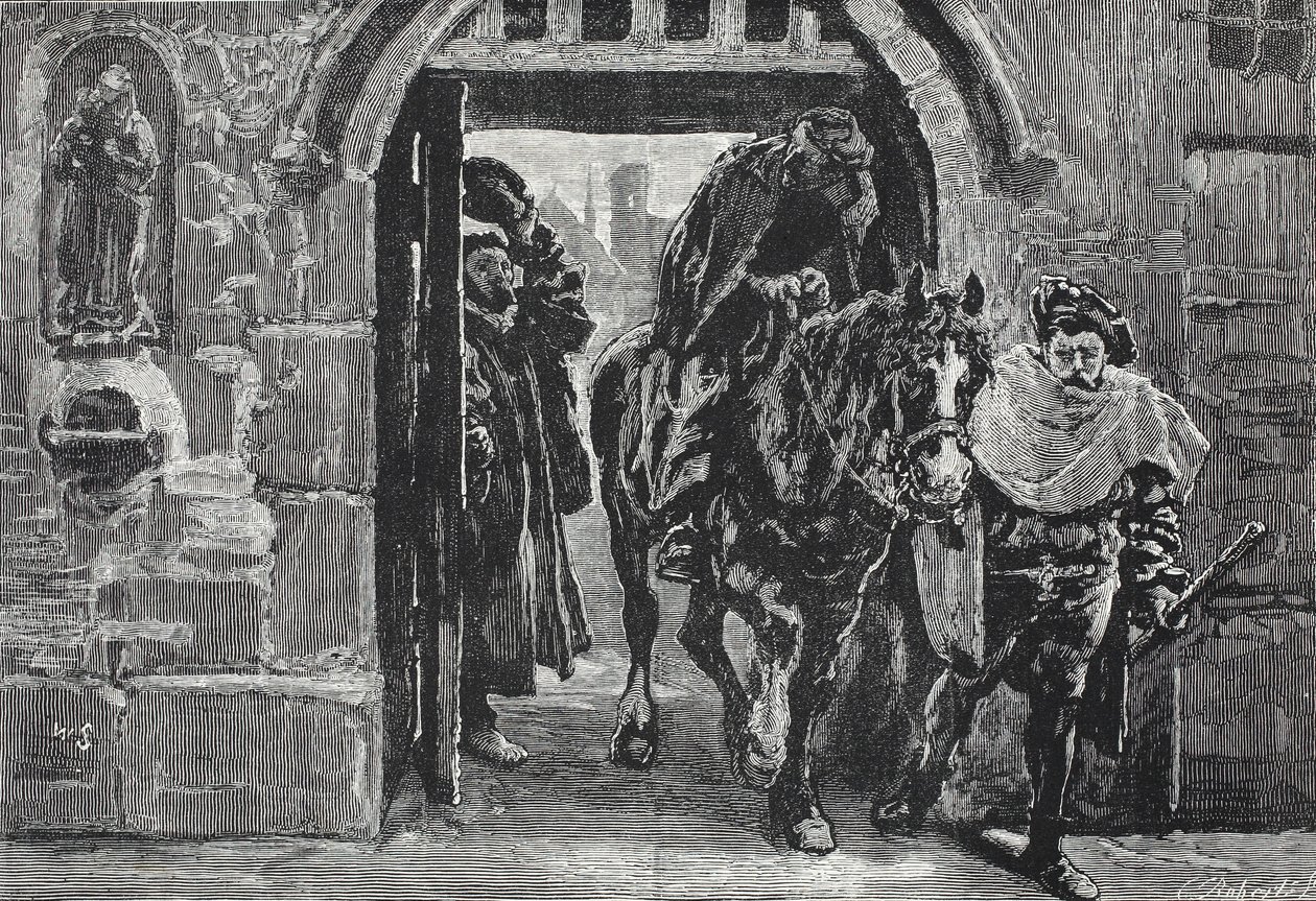 Lutero escapando de Augsburgo, ilustración de La Historia del Protestantismo de James Aitken Wylie, pub. 1878 de English School