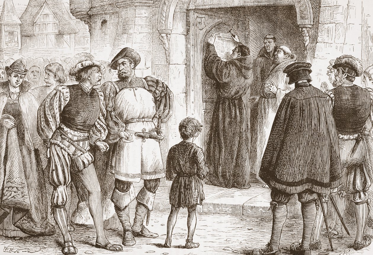 Lutero clavando sus Tesis en la puerta de la Schloss-Kirk en Wittemberg, ilustración de La Historia del Protestantismo de James Aitken Wylie, pub. 1878 de English School