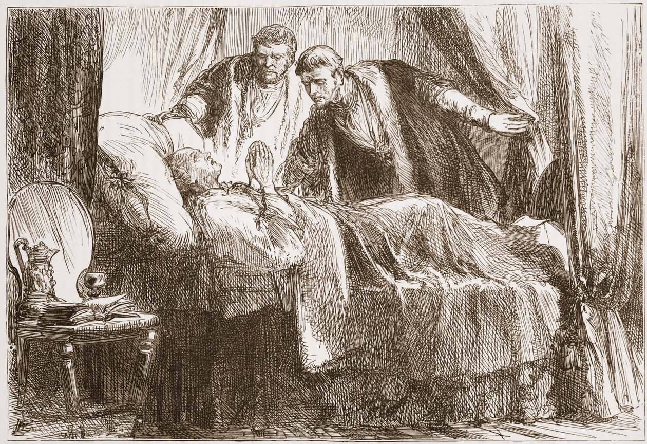 Lutero en su lecho de muerte, ilustración de La Historia del Protestantismo de James Aitken Wylie, pub. 1878 de English School