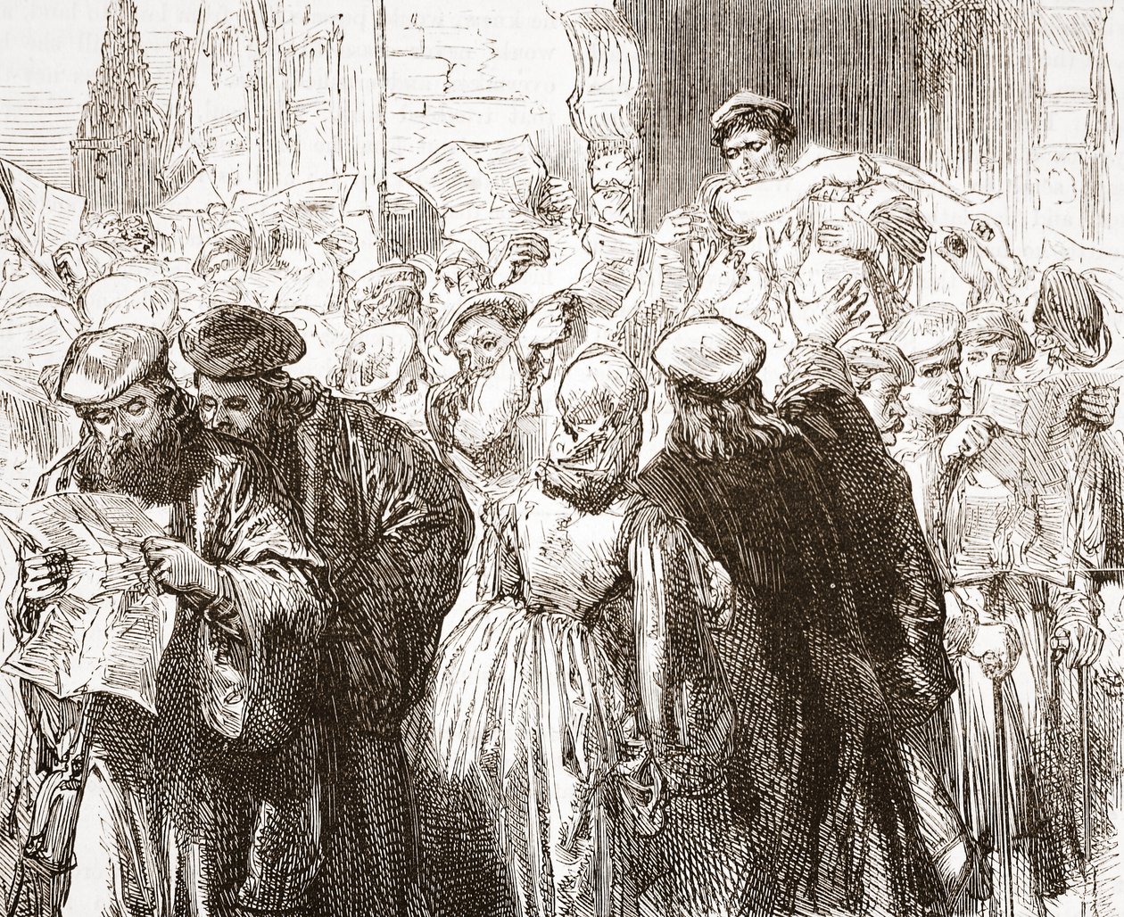 Folleto de Lutero: escena en la imprenta, ilustración de La Historia del Protestantismo de James Aitken Wylie, pub. 1878 de English School