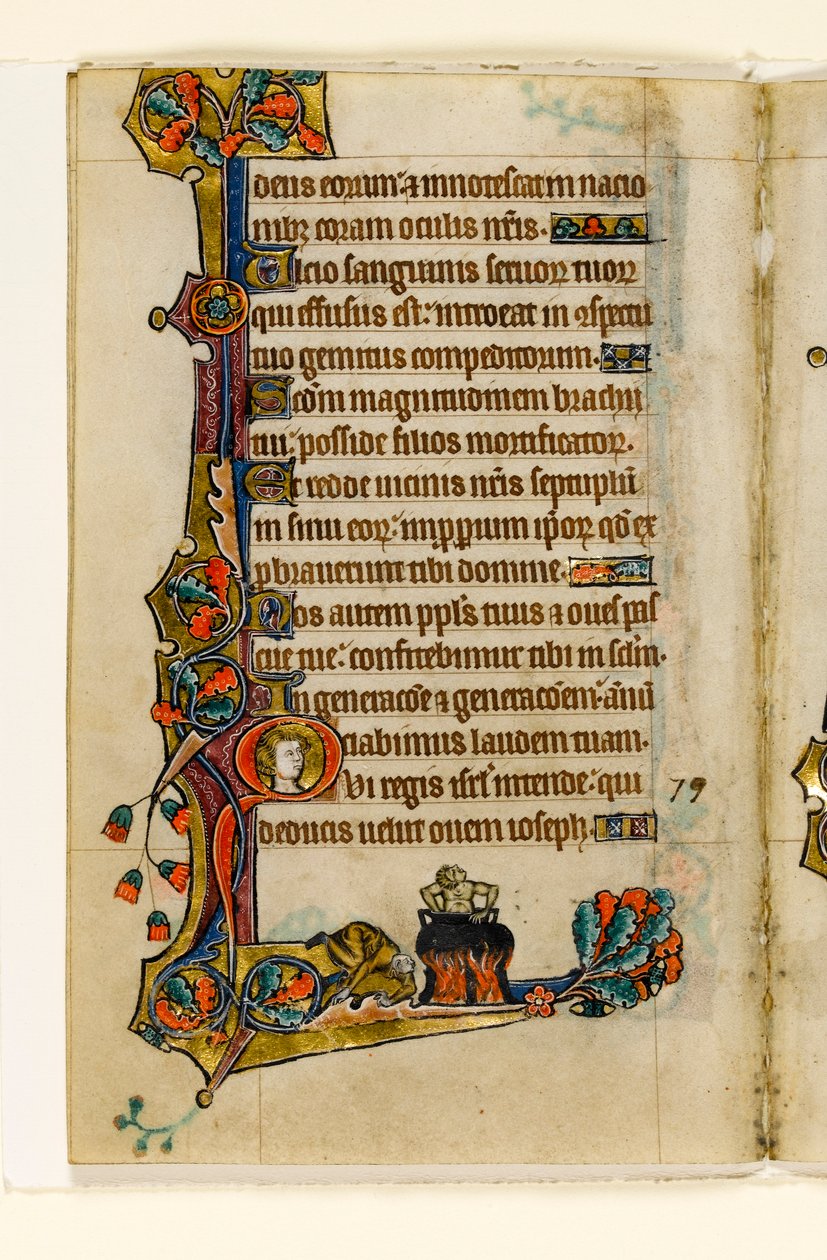 En el caldero, decoración marginal del Salterio de Macclesfield, Uso de Sarum, East Anglia, c.1330 de English School